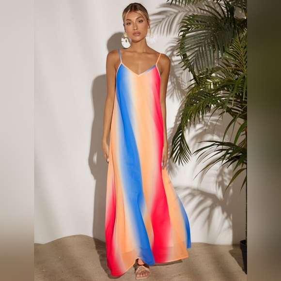Urbann Vibe Silk Chiffon Rainbow Floral Maxi Dress Handmade Breathable For Summer Vacation main image 1